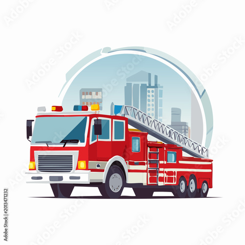 Emergency responders arrive quickly to fire truck near cityscape buildings