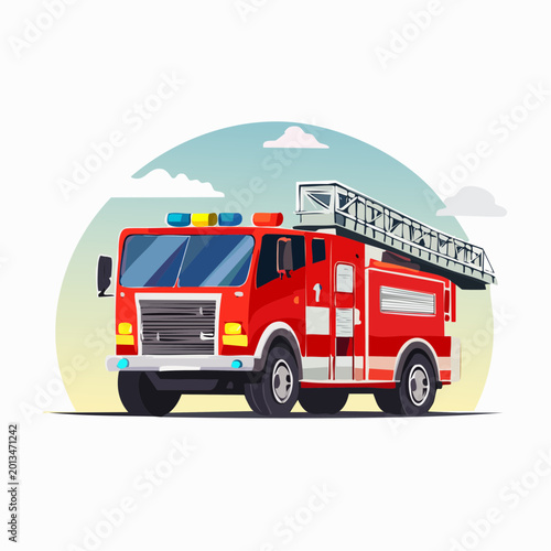A vibrant illustration of a fire truck with ladder parked outdoors under a sunny sky with clouds.