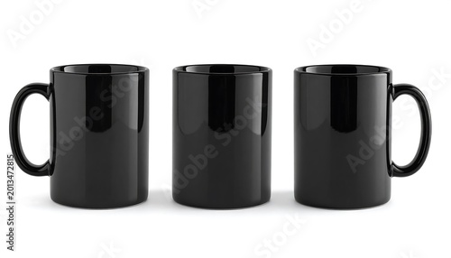 Three glossy black mugs mockup on white background