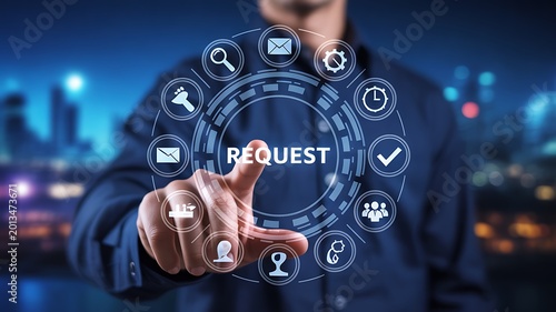 Businessman using digital request interface with virtual communication technology icons