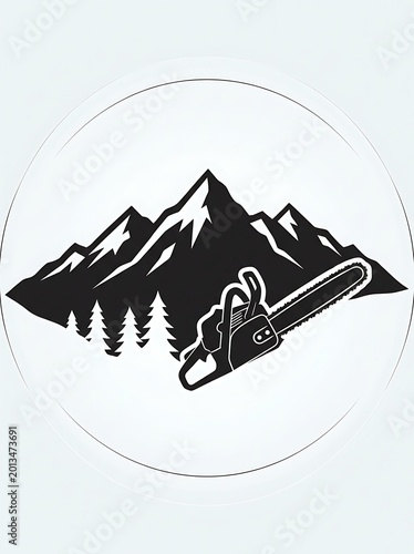 Black Chainsaw and Mountain Silhouette Logo on Light Circular Background