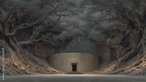Mysterious ancient underground room hidden in dark forest with massive twisted tree roots
