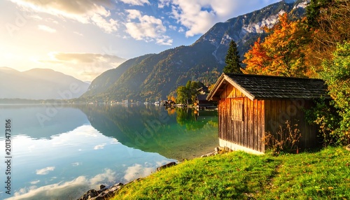 Scenic Wooden Boathouse on Alpine Lake at Sunset in Autumn
