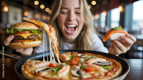 Happy woman enjoying cheesy pizza and burgers in restaurant