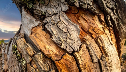 Aged Tree Bark Texture with Deep Cracks and Golden Sunlight