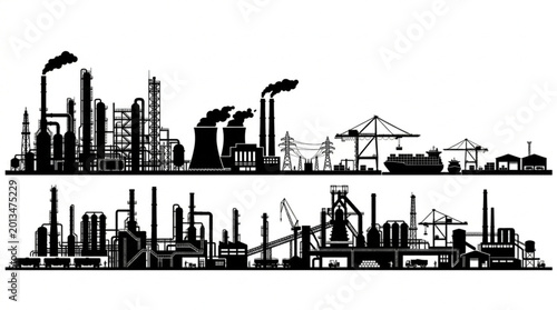 Photos Industrial factory silhouette with smokestacks and cranes.