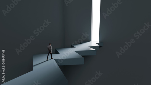 Man walking on zigzag path towards bright glowing doorway representing complex business strategy and navigation, 3d render