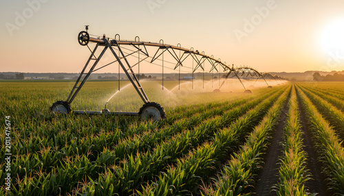 Center pivot irrigation watering corn field at sunset
