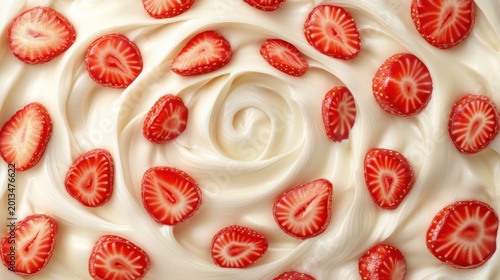 Freshly sliced strawberries artfully arranged on swirled creamy white background