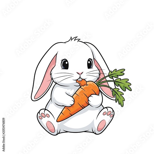 Cute White Cartoon Bunny Eating Orange Carrot on Plain White Background