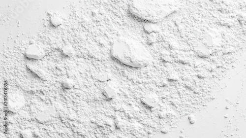 Textured white powder with scattered stone-like chunks on a smooth surface