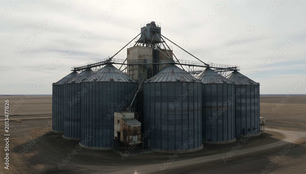 Fototapeta premium Grain silos standing in flat agricultural farmland
