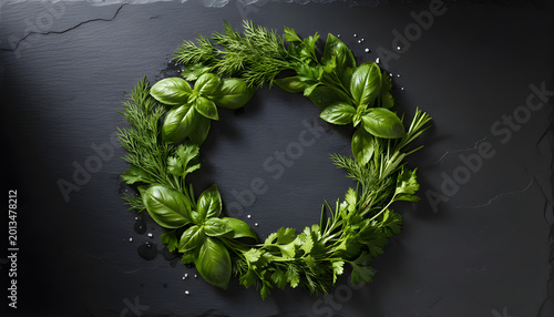 Fresh culinary herbs wreath on dark slate background