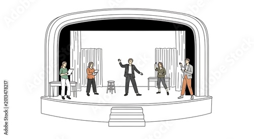 Minimal Theater Actors Rehearsing on Stage with Director and Crew