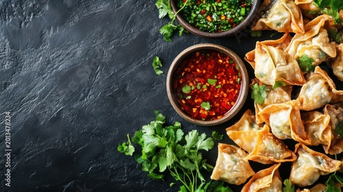 Delicious fried dumplings with chili oil and fresh herbs on dark surface