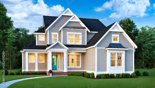 Quadro em tela Modern light gray suburban house with blue door and white trim under a bright su