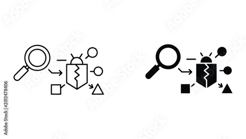 Photos Cyber security threat detection and bug fixing icons featuring magnifying glass