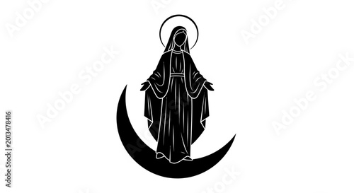 Virgin Mary silhouette stands gracefully above a crescent moon symbol representing divine feminine energy and spiritual devotion.