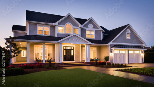 Schilderij op canvas Stately luxury home with wide front porch and glowing interior lights at twiligh