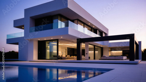 Foto Ultra modern minimalist glass villa with outdoor pool and lounge area at sunset