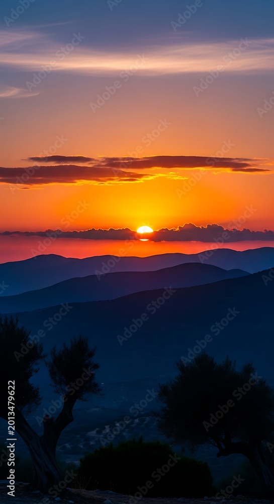 Obraz premium Vibrant Orange Sunset Glowing Over Layered Mountain Silhouettes