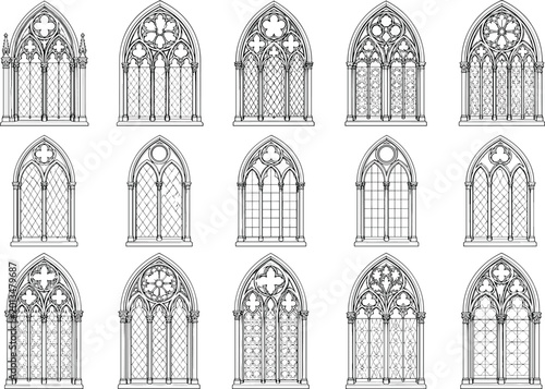 Fotografía Ornate Gothic Cathedral Window Collection with Decorative Stained Glass Arch Des