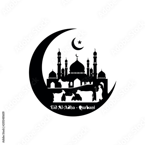 Konstfotografi Holiday Greeting Eid Al-Adha Qurbani Commemorative Design with Crescent and Mosq