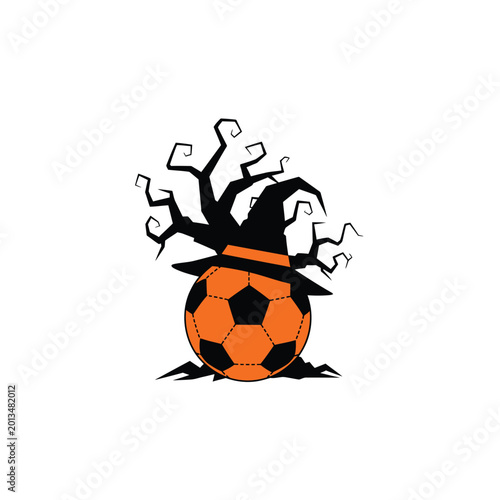 Soccer ball with witch hat and spooky tree for halloween celebration.