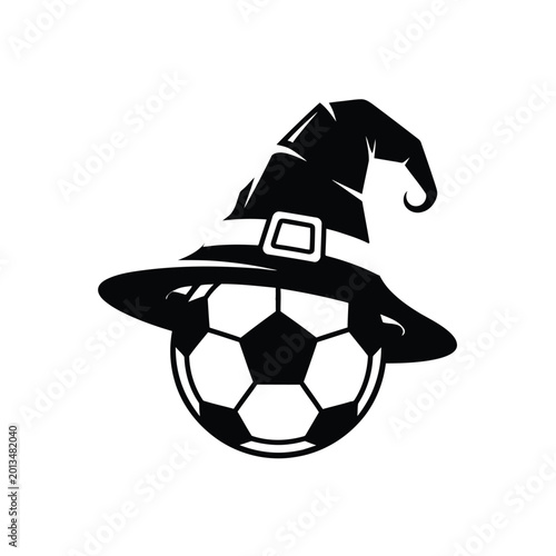 Soccer ball with spooky witch hat for Halloween.