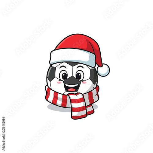 Happy cartoon soccer ball wearing Santa hat and scarf.