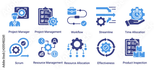 Quadro su tela Project workflow icon set featuring management,resource allocation,workflow,and