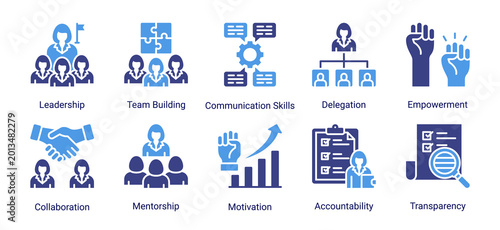Fotografía Team leadership icon set featuring communication,collaboration,motivation,and em