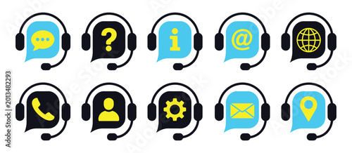 Foto Customer support service icon set with headphones and communication chat symbols, vector illustration collection for help center and call center assistance design