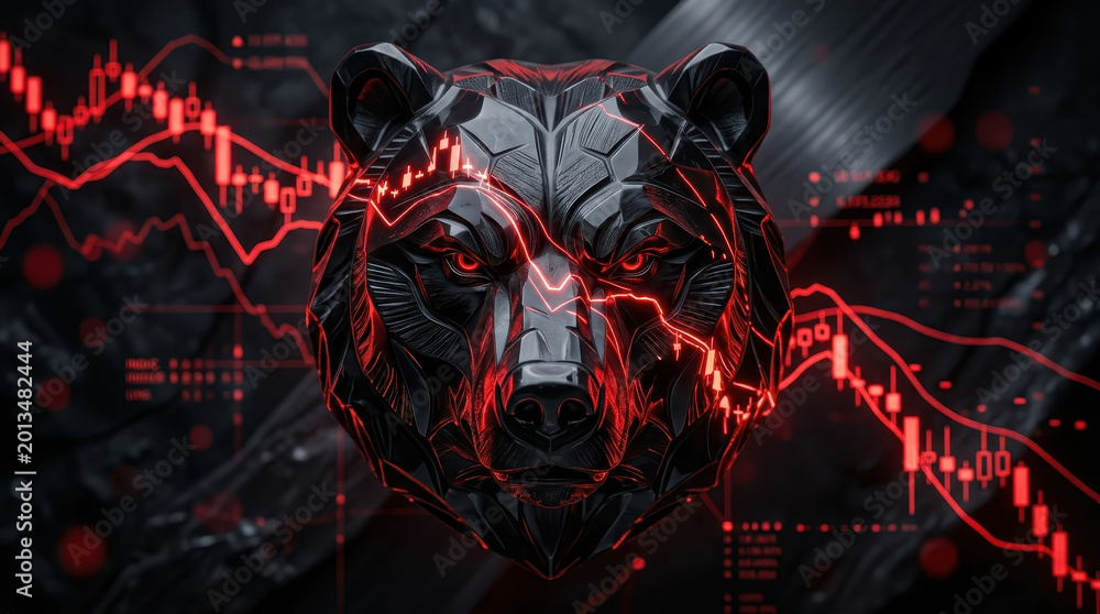 Fototapeta premium Futuristic bear head with glowing red lines symbolizes market concept of bearish trend in finance, highlighting intense and dynamic nature of market fluctuations