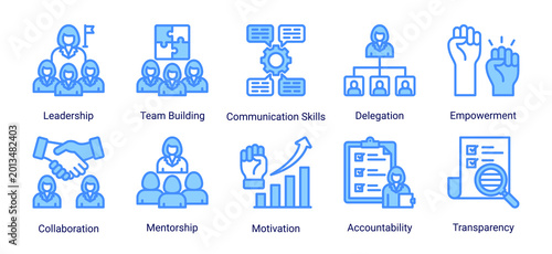 Fotografía Team leadership icon set featuring communication,collaboration,motivation,and em