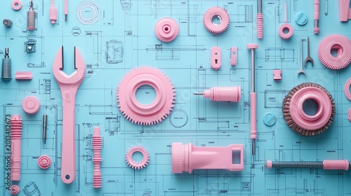 Pink Mechanical Tools and Gears on Blue Engineering Blueprint Background