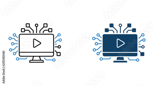 Photos Digital media streaming and content playback icons set with computer monitor and