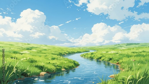 Lush Green Meadow River Landscape under Bright Sky