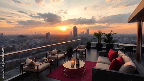 High-rise terrace, glowing sunset, luxury minimalist furniture, bronze and wine tones