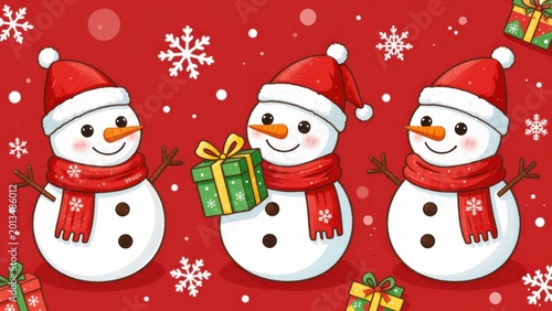 Winter Snowman Characters Celebrating on Red Background