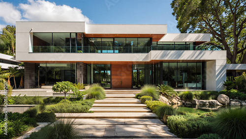 Bild auf Leinwand Grand modern architectural home with large front yard water feature and oak tree