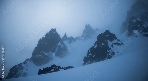 Jagged, snow-covered mountain peaks emerge from a thick, atmospheric fog.