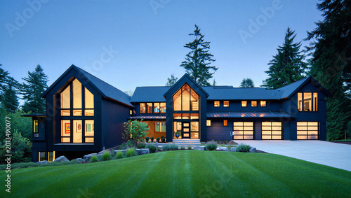 Tableau sur toile Large modern house with dark exterior steeply pitched roof and garage doors real