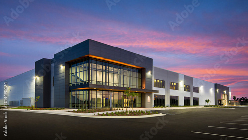 Fotografi Modern industrial warehouse building exterior at dusk with modern architecture,