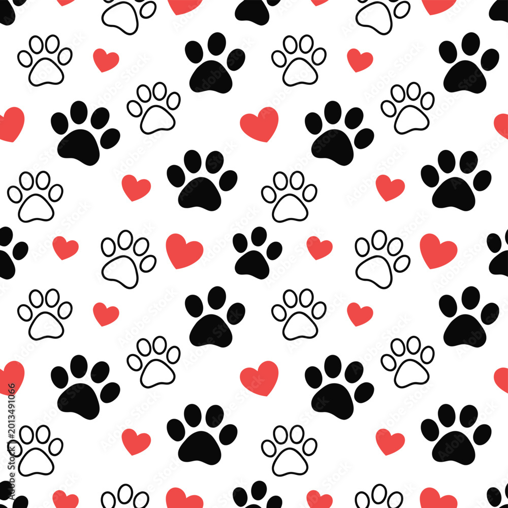 Fototapeta premium Pet footprint seamless pattern, cute vector background with dog and cat paw prints, hearts, and doodle elements for puppy Valentine textures, wrapping paper, wallpaper, pet branding, and decorative de