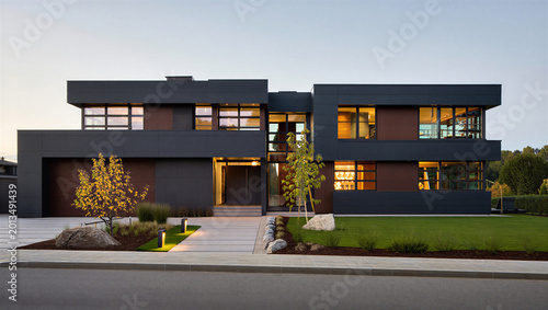 Fotografija Modern two story luxury villa with dark grey facade and landscaped garden at dus