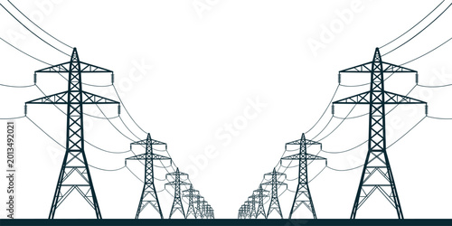 Quadro em tela High voltage transmission tower perspective with overhead power lines and electr