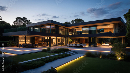 Modern luxury estate with landscaped terrace and evening lighting real estate architecture