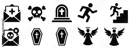 Bild auf Leinwand Funeral and death vector icon set with tombstones crosses urns mourning symbols candles and memorial graphics suitable for obituary design remembrance materials and tribute concept illustration