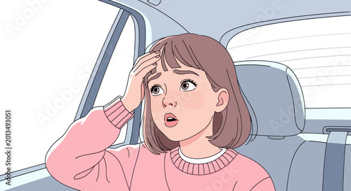 Bild auf Leinwand Worried girl in back seat of car, holding forehead, stressed expression